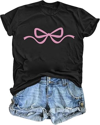Womens Bow Coquette Shirt Clean Girl Aesthetic Graphic Tees Cute Pink Bow Shirts for Teens Trendy Oversized Tops