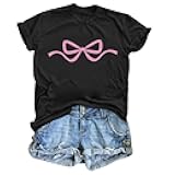Weetiotio Womens Bow Coquette Shirt Clean Girl Aesthetic Graphic Tees Cute Pink Bow Shirts for Teens Trendy Oversized Tops