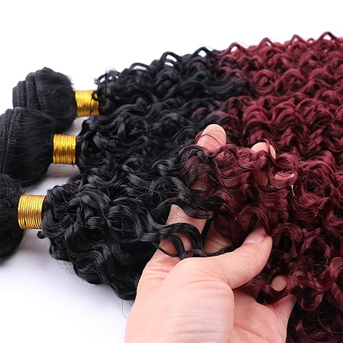 Miniatura 2 de Afro Kinky Curly Synthetic Hair Weave 3 Bundles 18 20 22 Inches 100 Grampcs Ombre Burgundy Jerry Curly Bundles High Temperature Fiber Hair