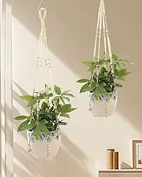 2 cabides para plantas de macramê, cesta interna de cabides de plantas, para decoração de casa boho interna, branco (vasos não incluídos)