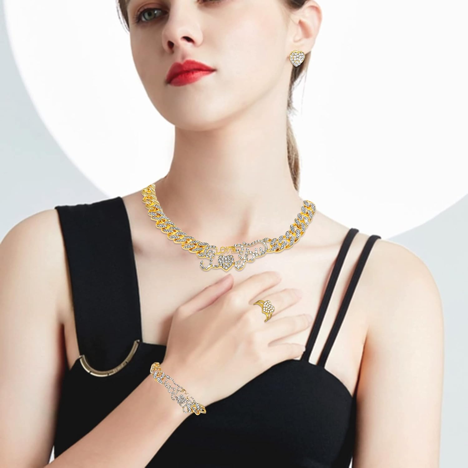 Jewelry Necklace Set Cuban Link Chain Necklace Bracelet Rhinestone Hoop Earrings Set Bling Necklace Bracelet Women Girls Accessories Sweetheart Gifts - Image 5