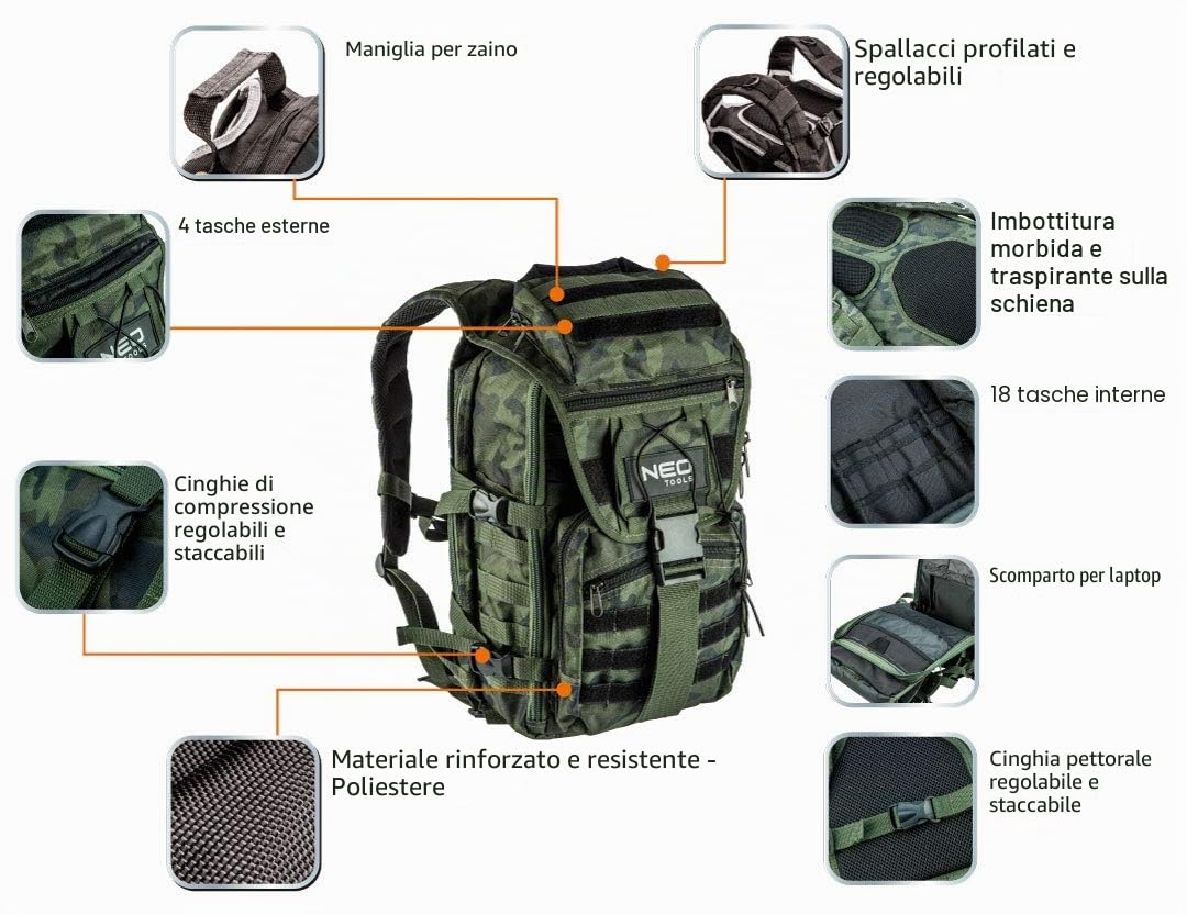 NEO TOOLS Camo - Zaino per artigianato e attrezzi (vuoto) per artigiani professionisti, effetto mimetico, 100% nylon 600D, spallacci regolabili con imbottitura, 1 manico, 4 tasche esterne
