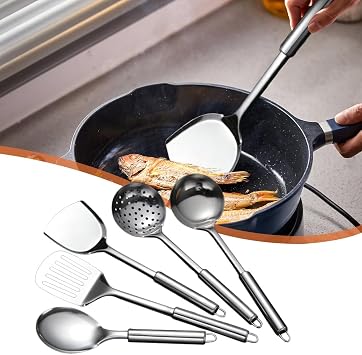 5 PCS Cooking Utensils Set Stainless Steel Kitchen Utensils Gadgets Resistant Cooking Tools Includes Slotted Spoon, Slotted Spatula, Large Spoon, Soup, Spatula Sliver