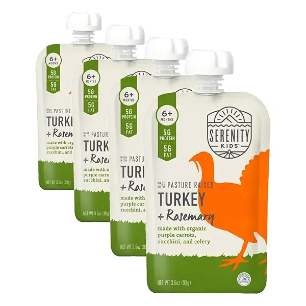 Serenity Kids 6+ Months Baby Food Pouches Puree Made With Ethically Sourced Meats & Organic Veggies | 3.5 Ounce BPA-Free Pouch | Pasture Raised Turkey & Rosemary, Purple Carrot, Zucchini | 1 Count 1