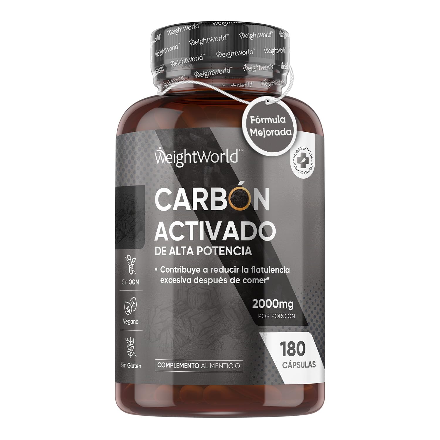 Carbón Activado 2000mg - 180 Cápsulas | Para Gases e Hinchazón Adultos, Detox y Limpiar el Organismo | Carbón Vegetal Activado de Alta Potencia, Origen 100% Natural | Vegano, Keto y Sin Gluten