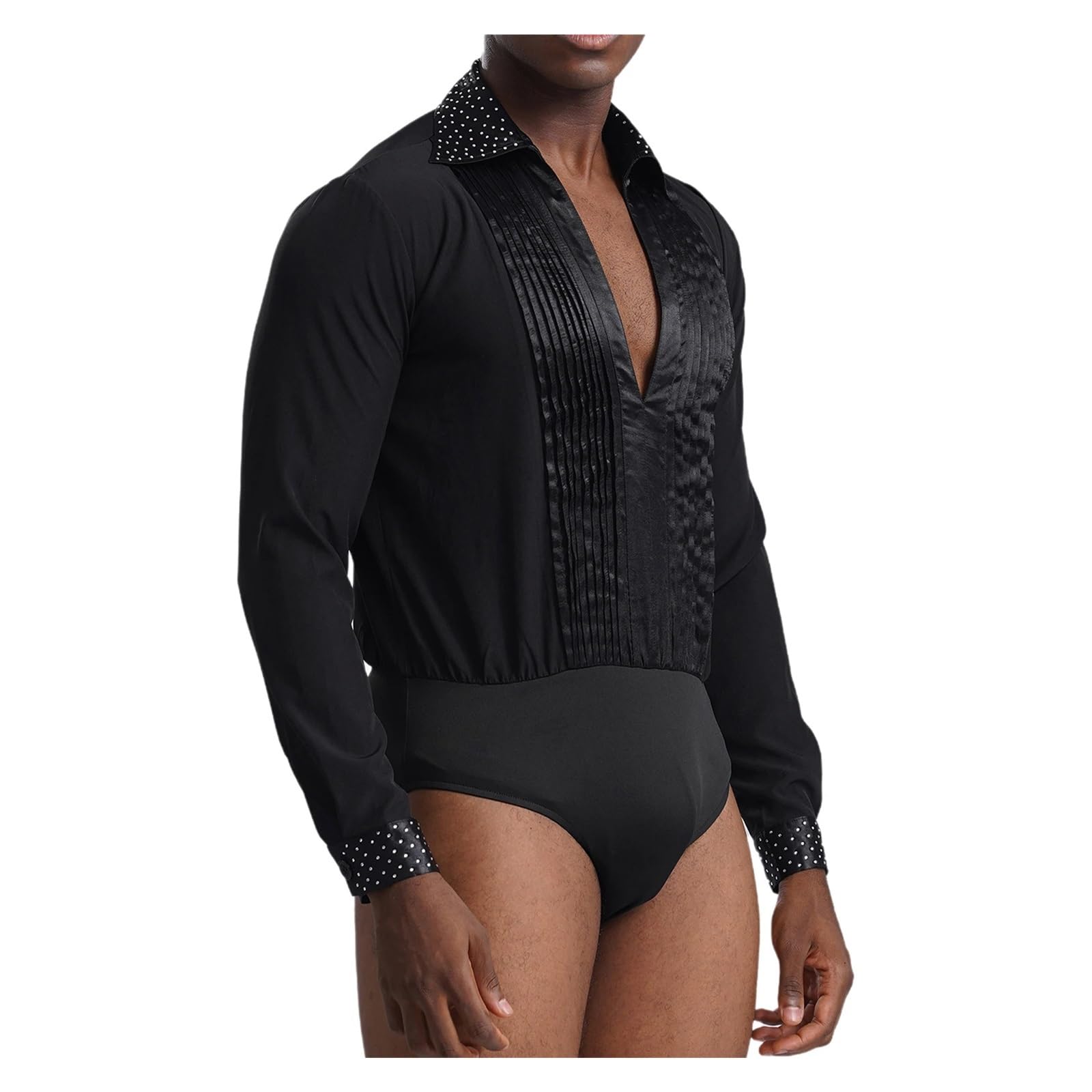 Camicia da Ballo Latino Costume da competizione di danza latina uomo con strass scintillanti, body ballo, abbigliamento sala, scollo a V, manica lunga, plissettato Per la danza