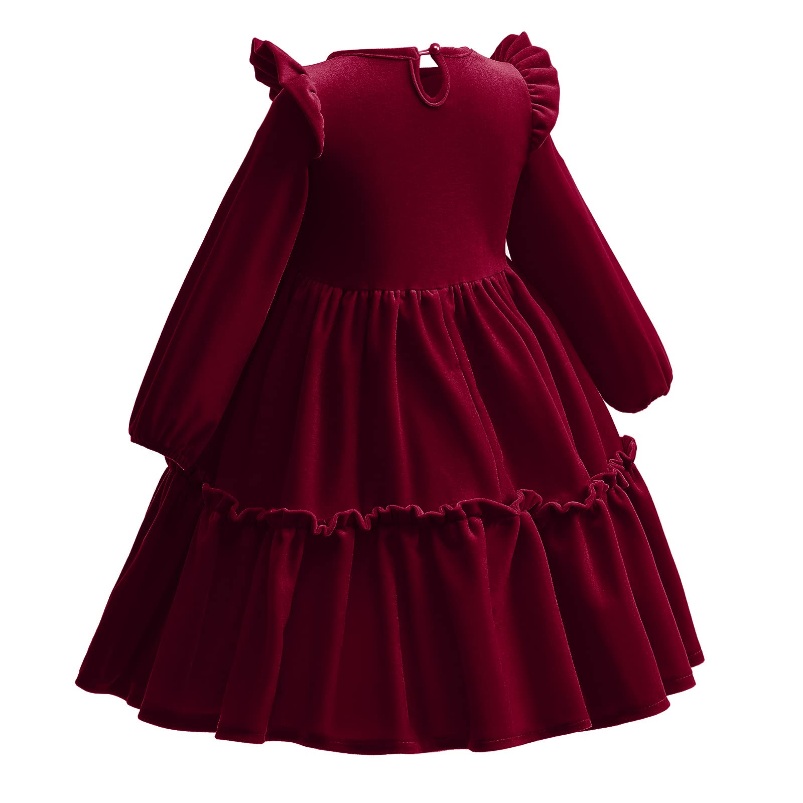 Enfants Filles Robe de Noël Manches Longues Velours Automne Hiver Vêtements Princesse A Ligne Couleur unie Volants Robe de Fête Anniversaire Festif Concours Robe de Bal, rouge bordeaux, 6-7 ans