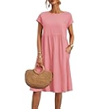 Cotton Linen Dresses for Women 2026 Summer Plus Size Short Sleeve Gauze Midi Dress Casual Cute Boho Beach Dress with Pockets