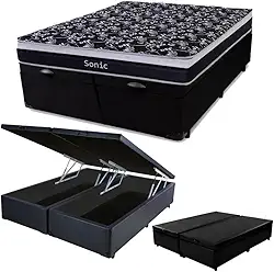 Cama Box c/Baú Queen + Colchão de Molas Ensacadas Firme para 120 kilos 158x198x64cm