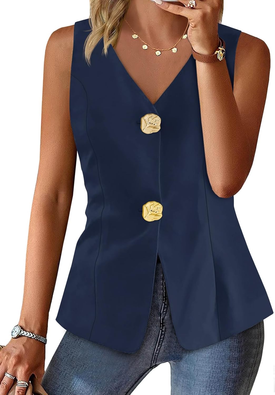 Cicy Bell Womens Summer V Neck Vest Tops Button up Sleeveless Casual Waistcoat Business Fitted Blazer vest