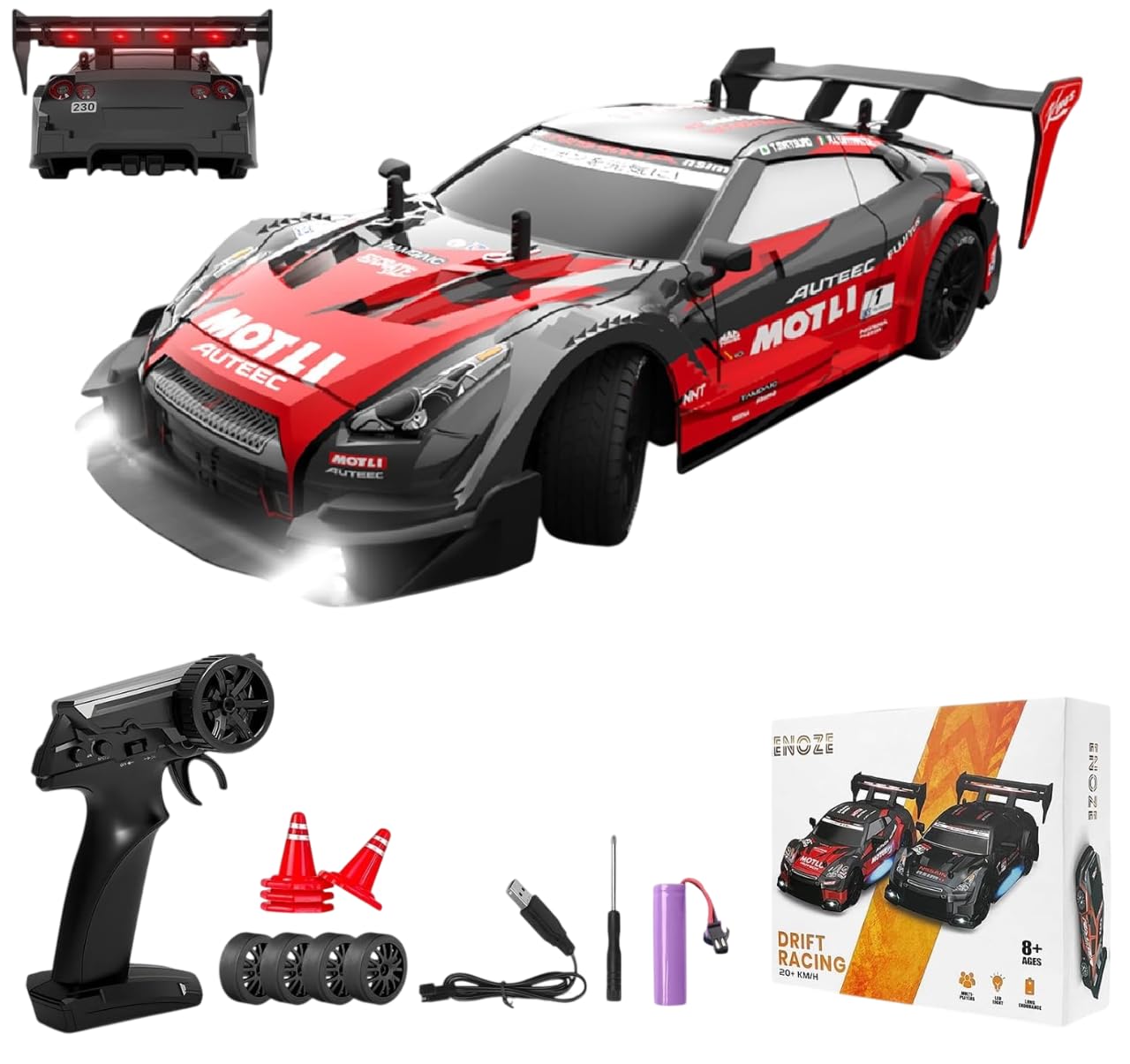 Bestie toys 1:24 Scale RC Drift Car 4WD 2.4GHz 30KM/H High Speed Racing Sport Toy Car with LED Lights, Racing and Drift Wheels (8601-Red)-image-42