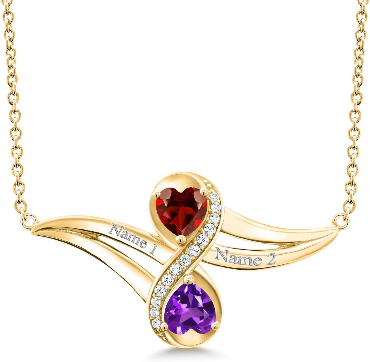 Gem Stone King 18K Yellow Gold Plated Silver Build Your Own Personalized Engraved Promise Love Birthstone 2 Heart Shape Fashion Mothers Name Women's Pendant Necklace with 18 Inch Silver Chain