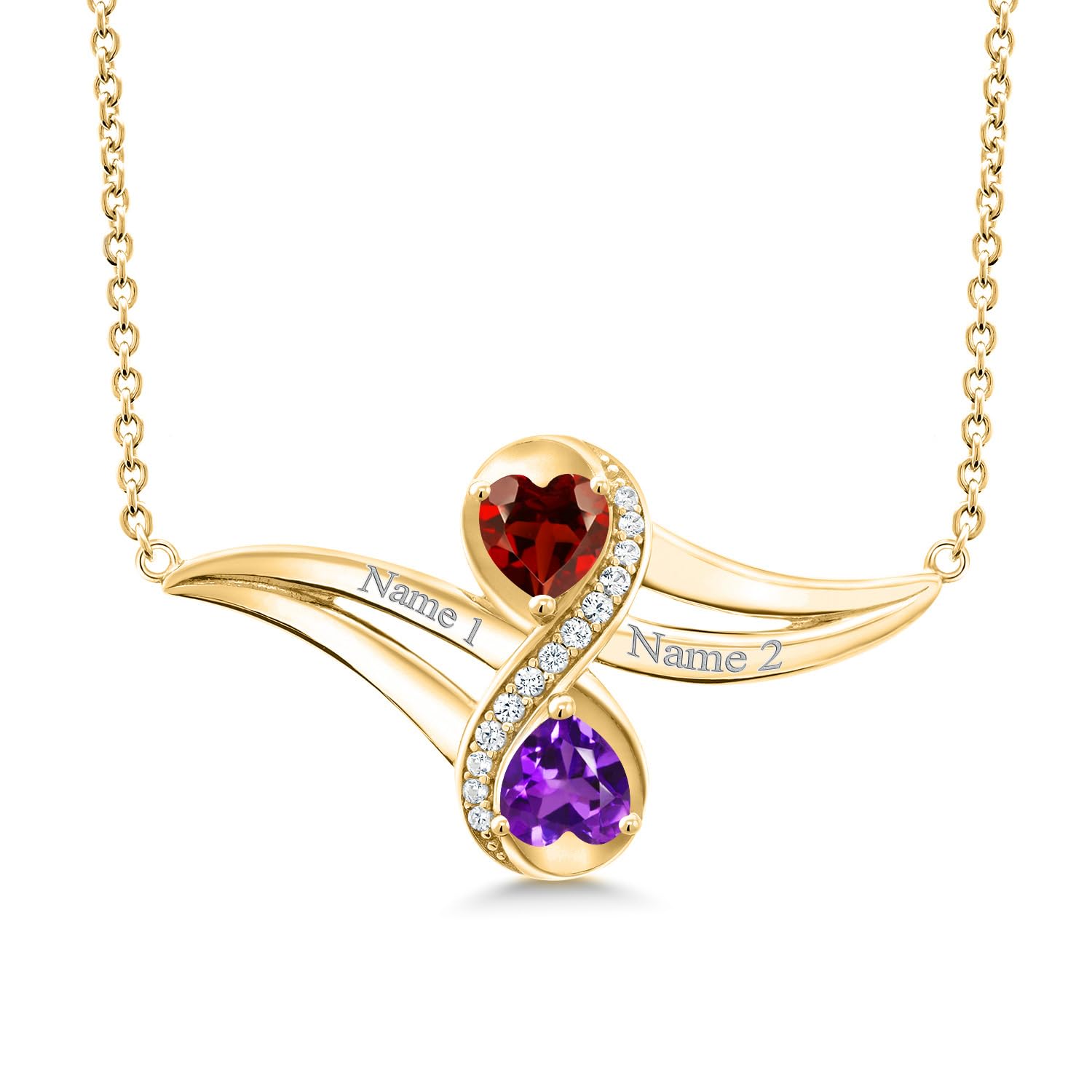 Gem Stone King 18K Yellow Gold Plated Silver Build Your Own Personalized Engraved Promise Love Birthstone 2 Heart Shape Fashion Mothers Name Women's