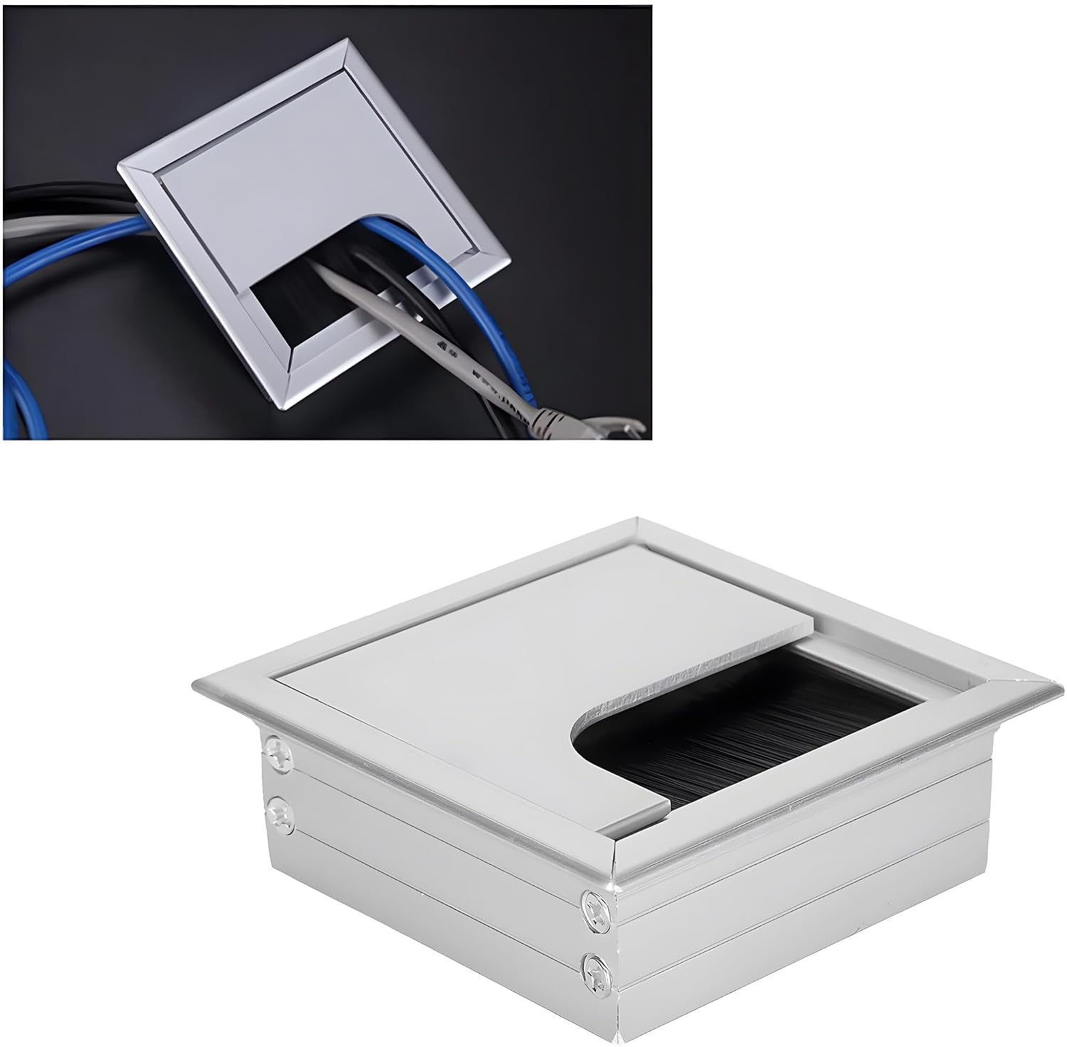 24x7 eMall 8 Cm Aluminum Office Desk Wire Cable Hole Cover with Dust Proof Brushes for Computers Work Rectangular Metal Or...