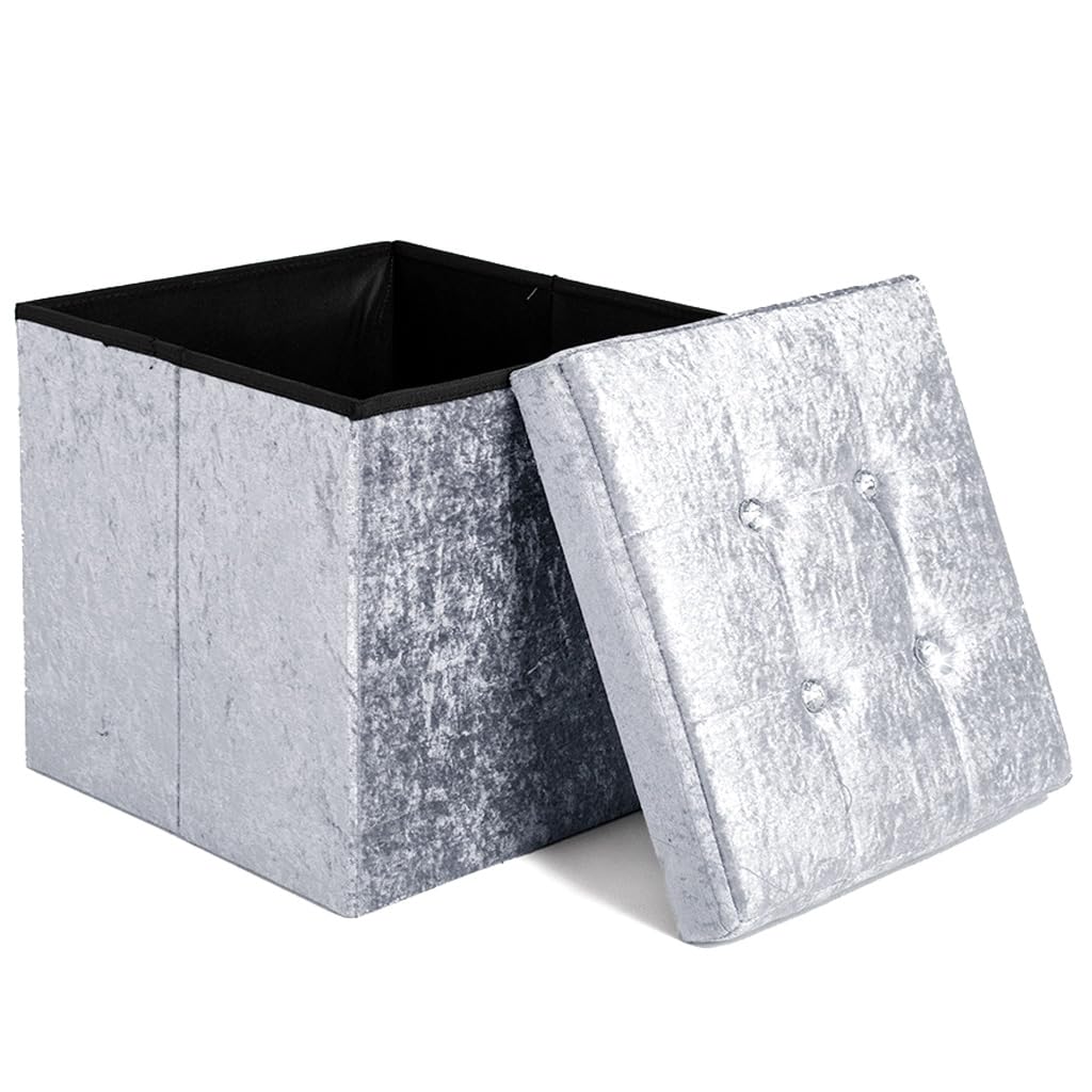 Home Republic Large Ottoman Storage Box Folding Seat, Storage Stool Faux Leather Toy Chest Practical Bench Blanket Box (Crushed Velvet Buttoned Silver Grey, 38x38cms) — image 1