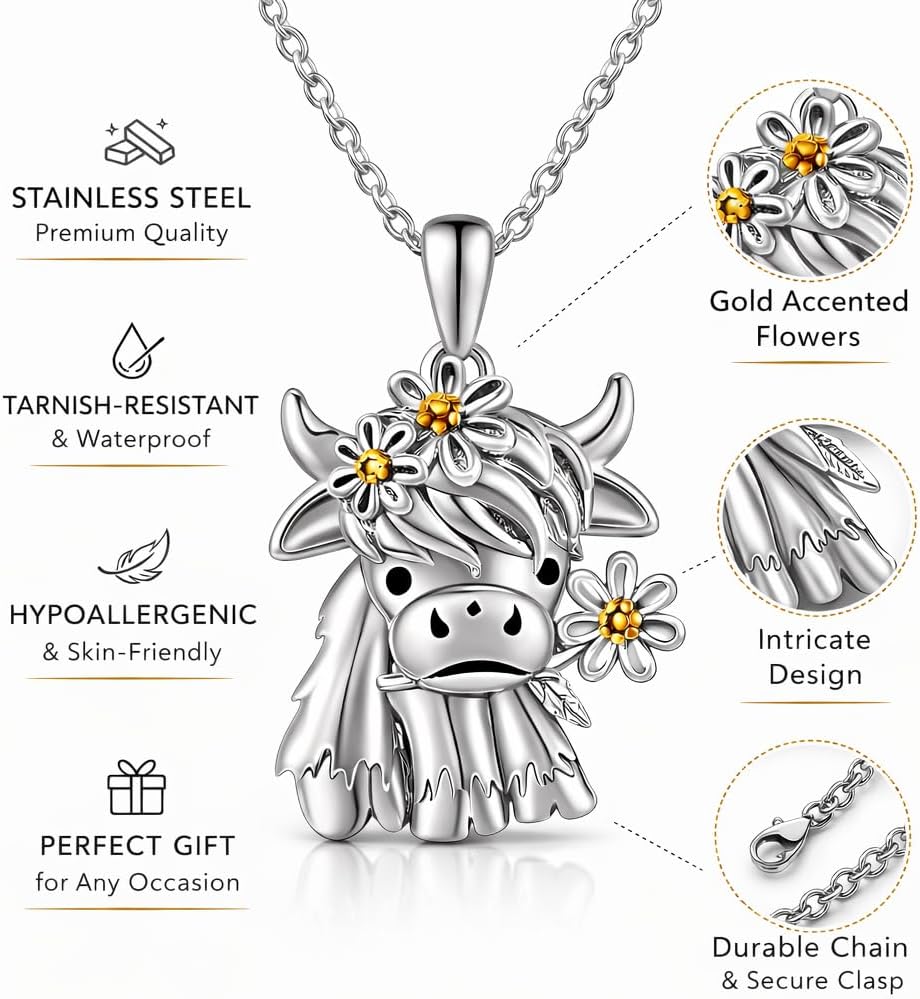 SUPAC Unique & Fashionable Cartoon Cow Necklace with Flower Pendant in White K image 4