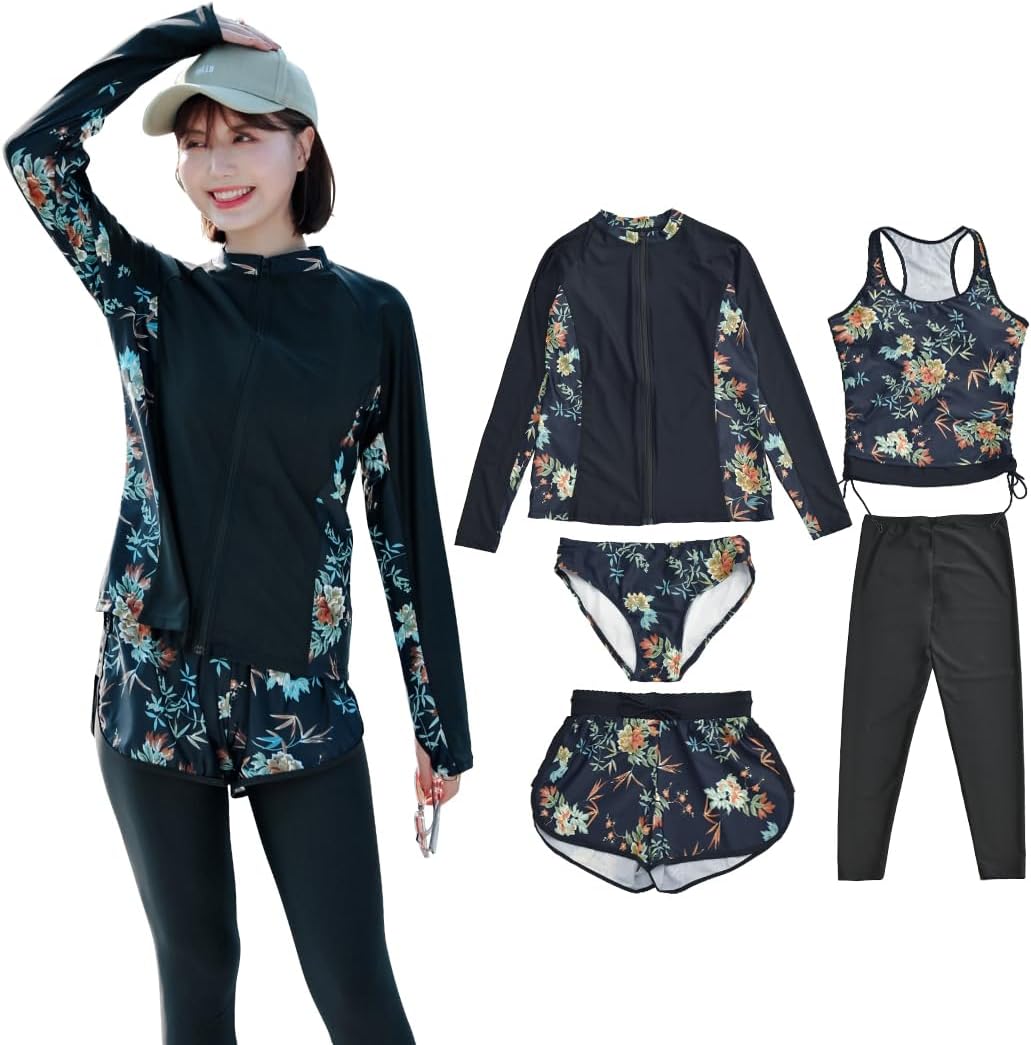 [Teddy] フィットネス 水着 レディース 体型カバー ラッシュガード 5点セット タンクトップ レギンス 長袖ラッシュパーカーUPF50+ UVカット率 98.7% hys2128