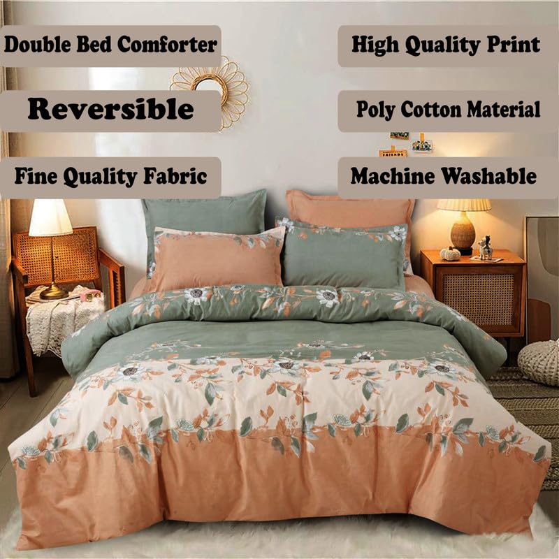 Image of Polycotton Polyester Polyfill 120 GSM Reversible Double Bed Comforter, Blanket, Queen (90x100 inch) Green & Orange