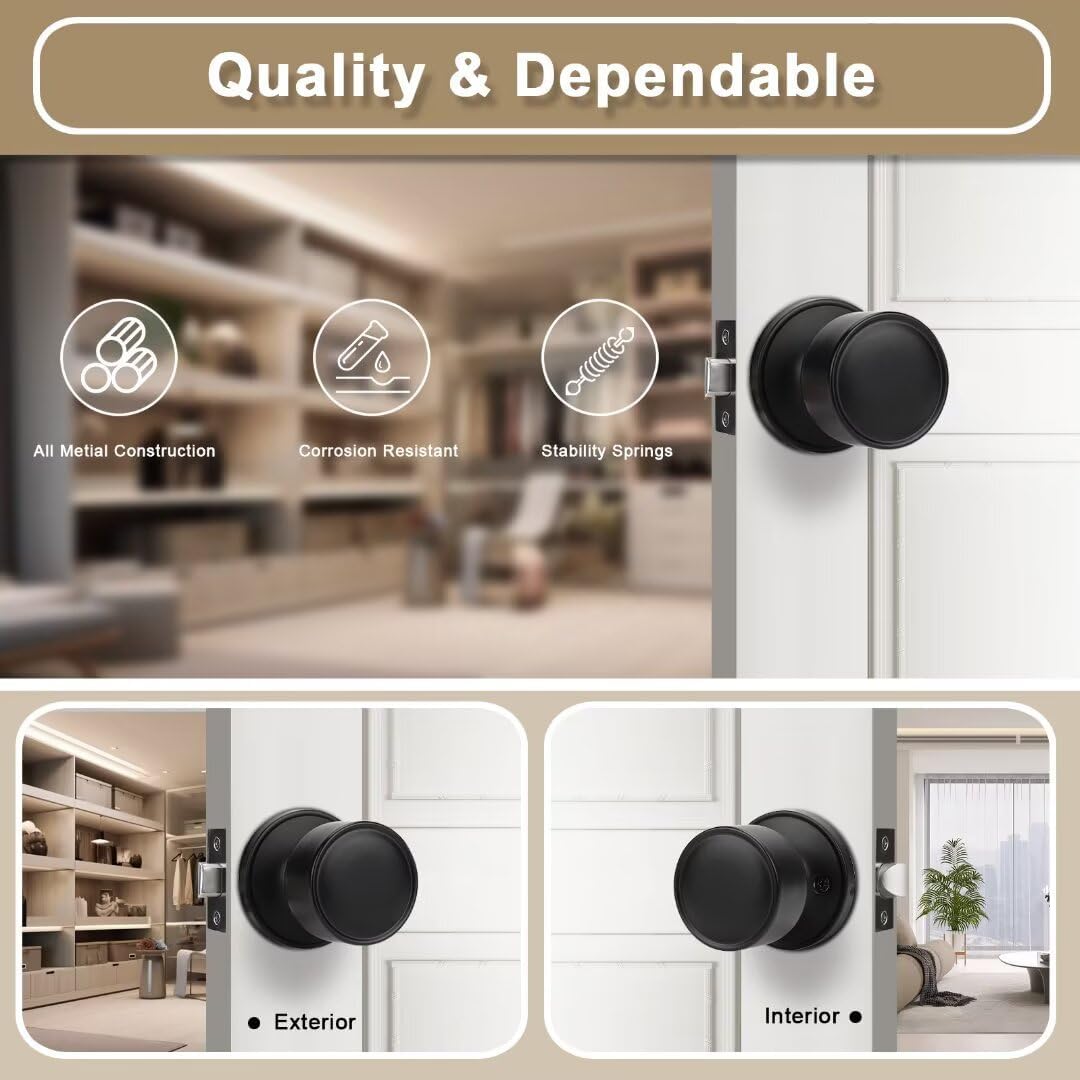 Matte Black Door Knobs - 10 Pack for Closet and Hallways, Modern Kitchen Handle Interior, Flat Passage Keyless No Lock