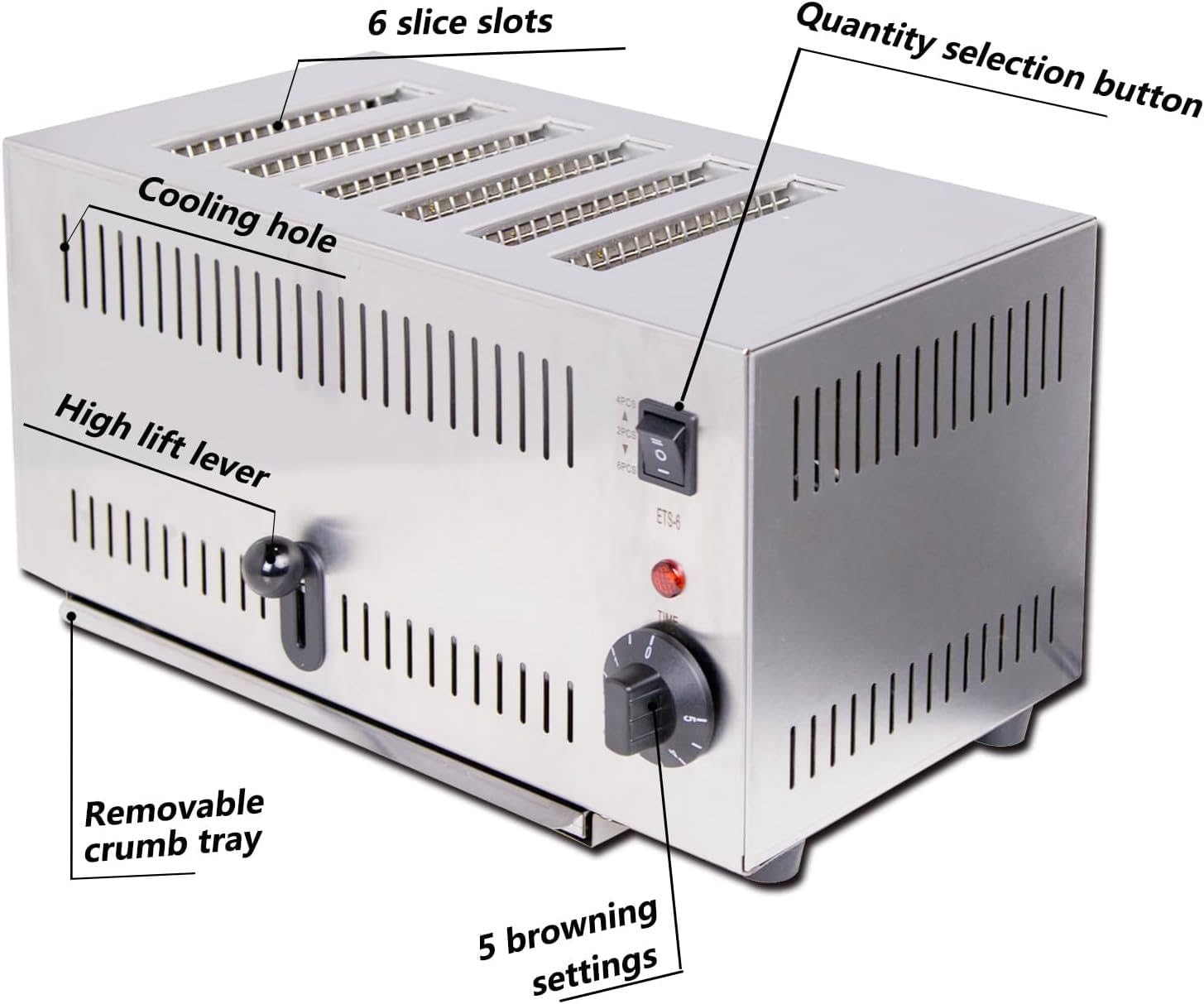 Toster komercyjny, tostery typu pop-up, toster elektryczny, toster ze stali nierdzewnej, toster na 6 kromek, z wysuwaną tacką na okruchy, bardzo szerokie szczeliny,z czasem 1-5 minut
