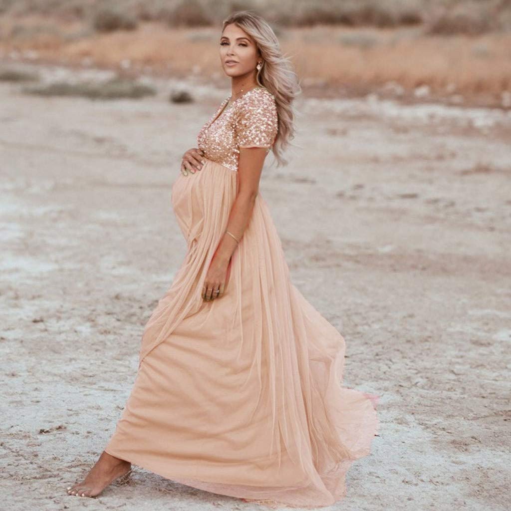 Robe Longue Femmes Enceintes Maternité Photographie Props Manches Courtes Robe Solide À Paillettes Maxi Robe de Plage Robe Grossesse Shooting Photo Soirée Ceremonie Mariage