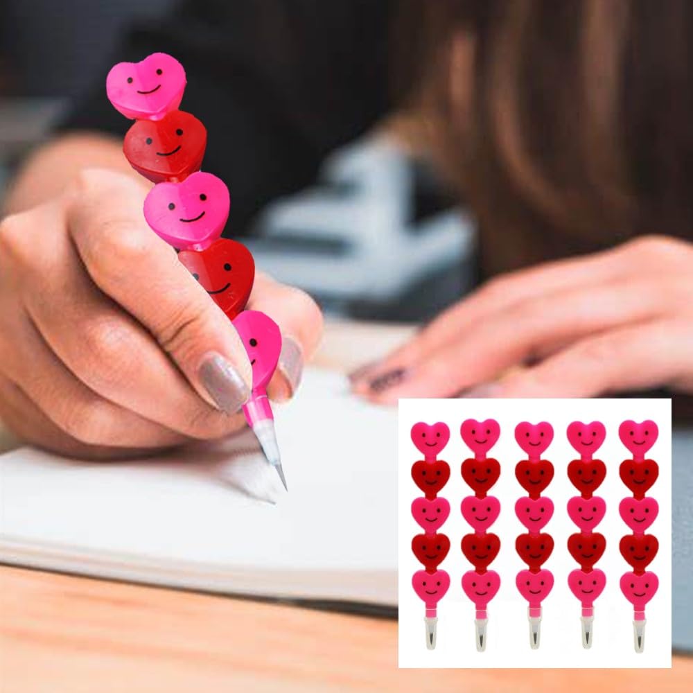wirepool 5 Pieces Stackable Pencils Plastic Smile Heart Pencils 5 in 1 Stacking Colored Pencils Party Favors for School Classroom Incentives Party Favor Supplies(Red and Pink) - Image 3