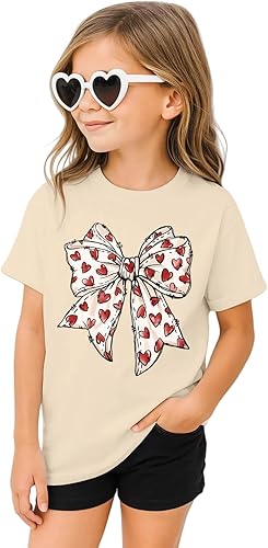 SANIXJOO Valentine T-Shirt for Toddler Girls Sweet Heart Bow Graphic Tee Cute Valentine's Day Outfit for Kids Summer Top(Apricot,6-7Years)