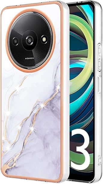 Slim Fit Phone Case for Redmi A3,Shiny IMD Marble Pattern Fashion Case for Girls,Camera Lens and Screen Protection Cover for Redmi A3,YBDD White