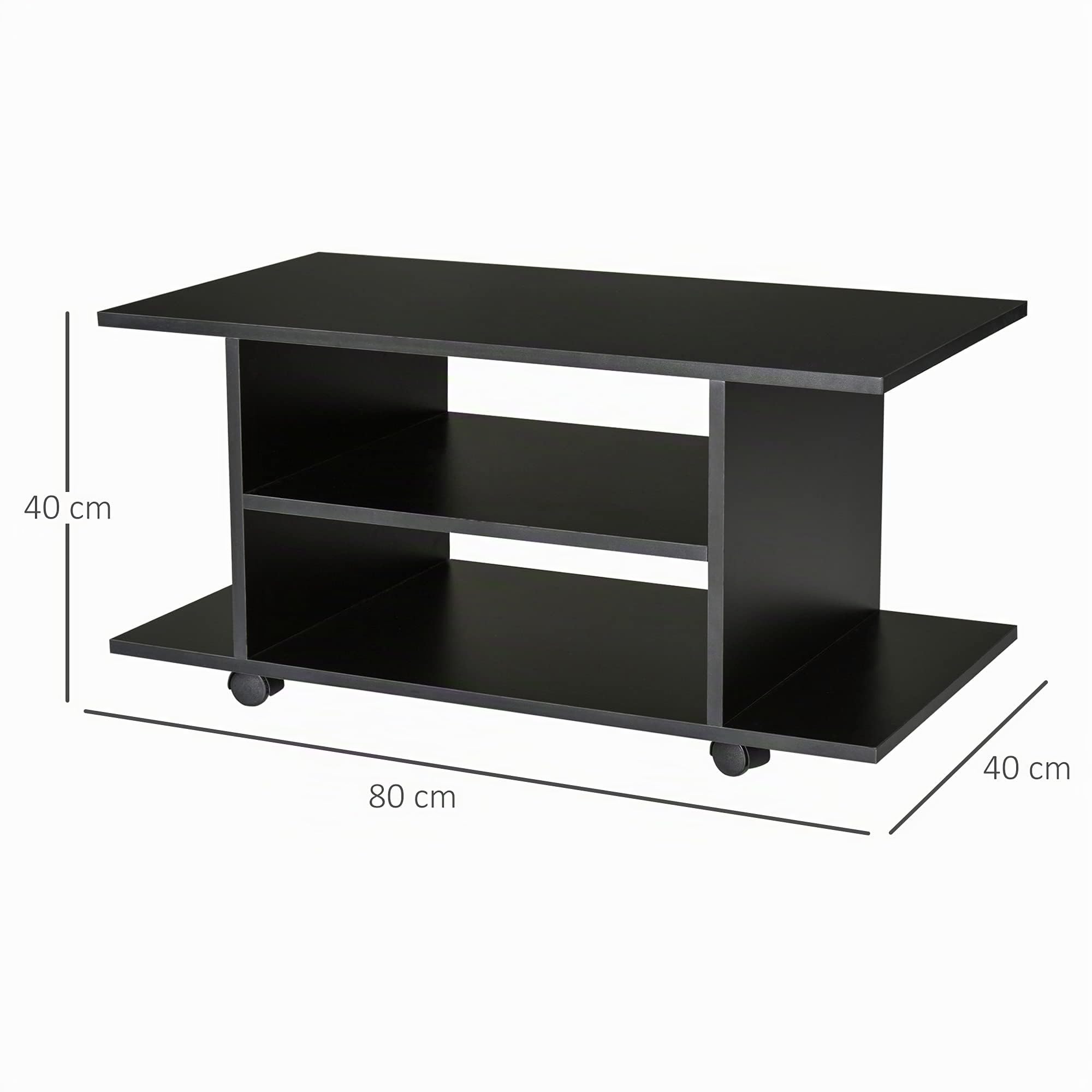 HOMCOM Meuble TV avec roulettes pivotantes, Banc TV en Bois avec étagères, Support télé pour télévision jusqu'à 42 Pouces, Style Contemporain pour Salon Chambre et Bureau, 80 x 40 x 40 cm, Noir