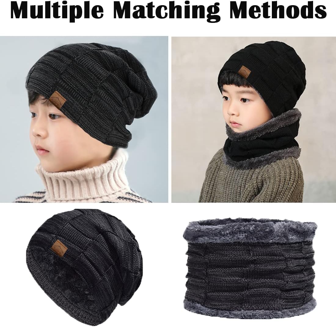 2Pcs Kids Winter Knitted Hats+Scarf Set Warm Fleece Lining Cap for 5-14 Year Old Boys Girls