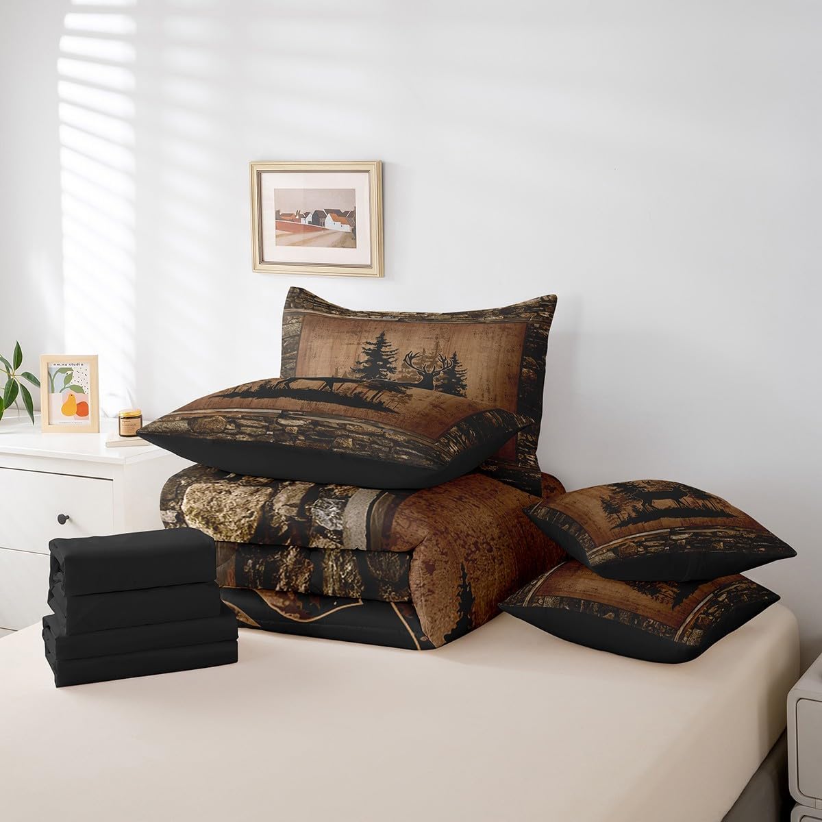 Feelyou Deer Comforter Set with Sheets - Queen Size 7 Piece Kids Rustic Hunting Bedding Set - Cabin Lodge Deer Bed in a Bag - Farmhouse Nature Wildlife Antlers Brown Bed Set