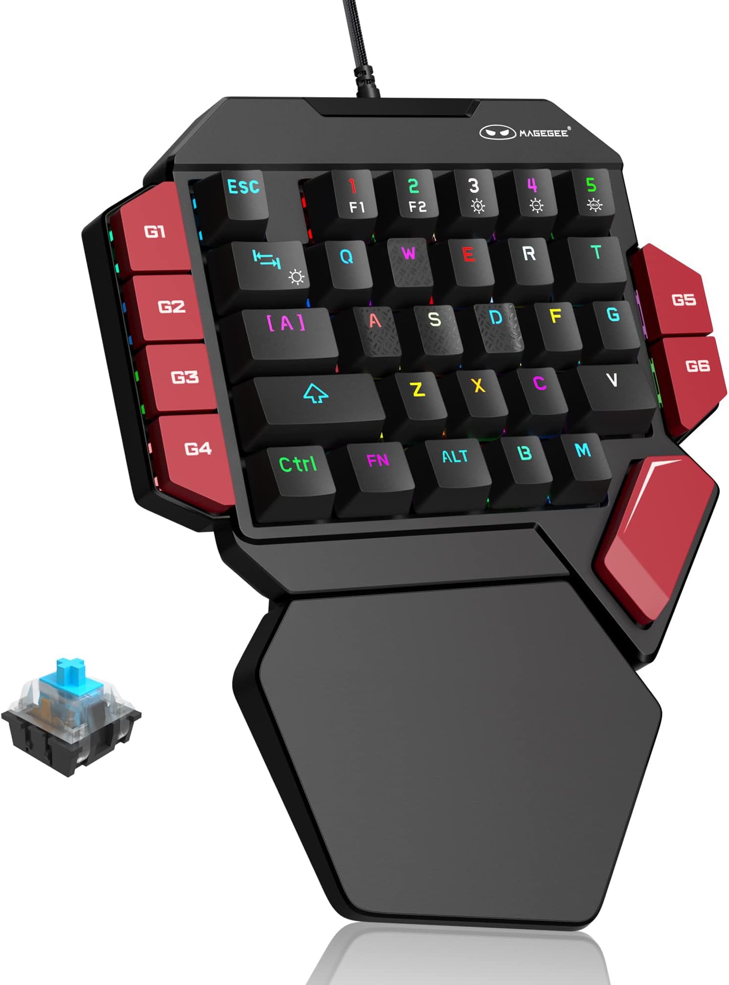 MageGee One Hand Professional Gaming Keyboard RGB Backlit 35 Keys Mini Wired Mechanical Keyboard with Blue Switch for PC Gamers 6 Macro Keys - Black/Red