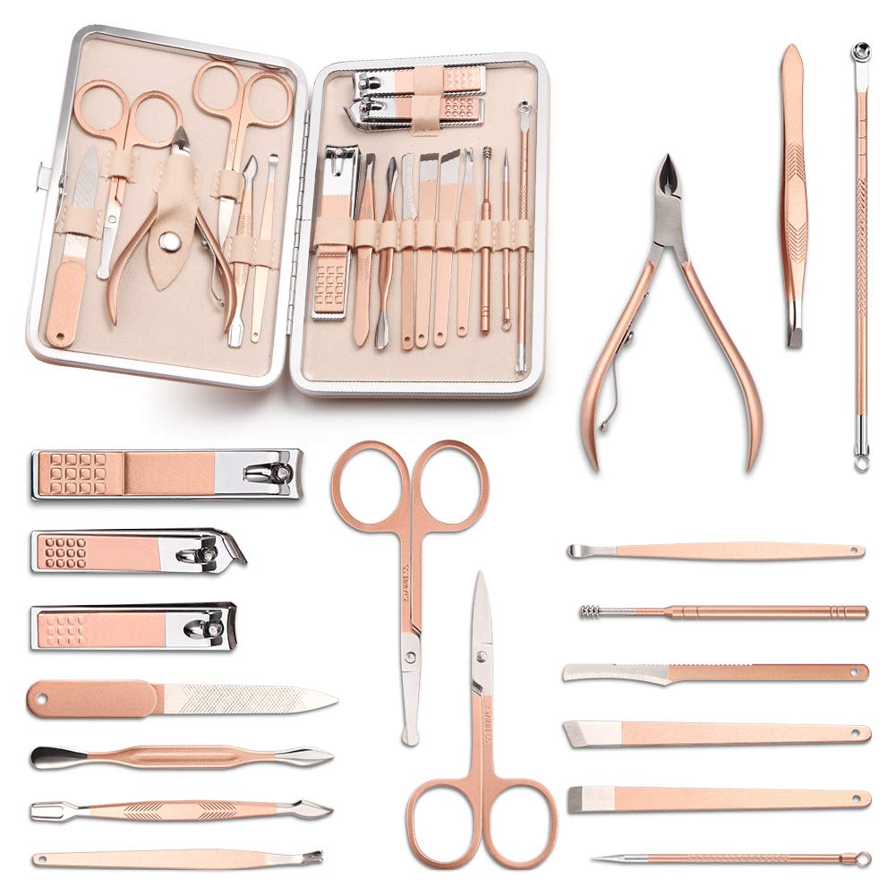 Manicure Set,18 In 1 Ultra Sharp Sturdy Nail Clippers Sets,Manicure Kit for Men and Women,Professional Nail Care Tools for Fingernails & Toenails,Pedicure Kit with Portable Stylish Case(Rose Gold)