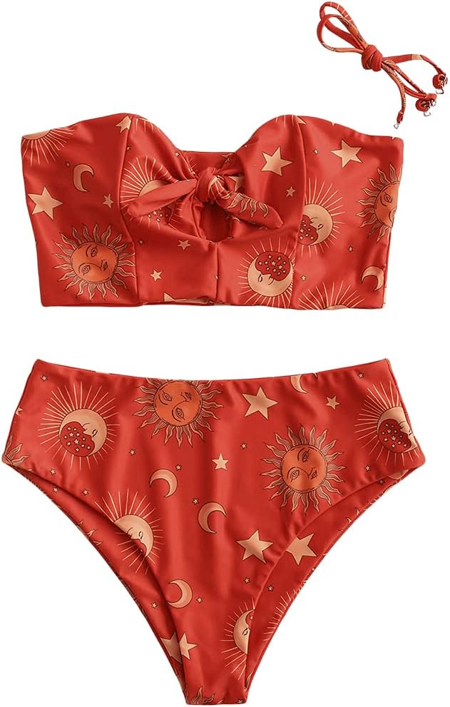 ZAFUL Women Ribbed Keyhole Tied High Waisted Bikini Spaghetti Straps Two Pieces Swimsuit Bathing Suit