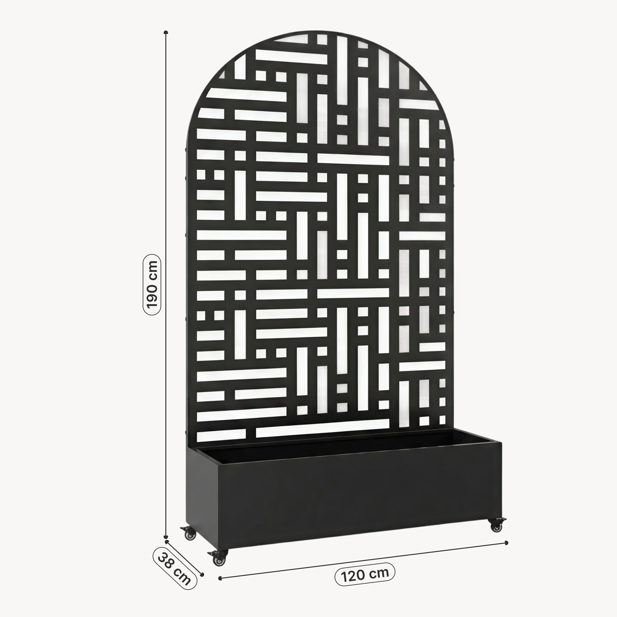 casa.pro Blumenkasten mit Sichtschutz Bernalda 190x120x38 cm Schwarz | Trennwand mit Rollen, Rundbogenform, Rankgitter, Metall, verzinkt, Balkon, Pflanzkübel hoch