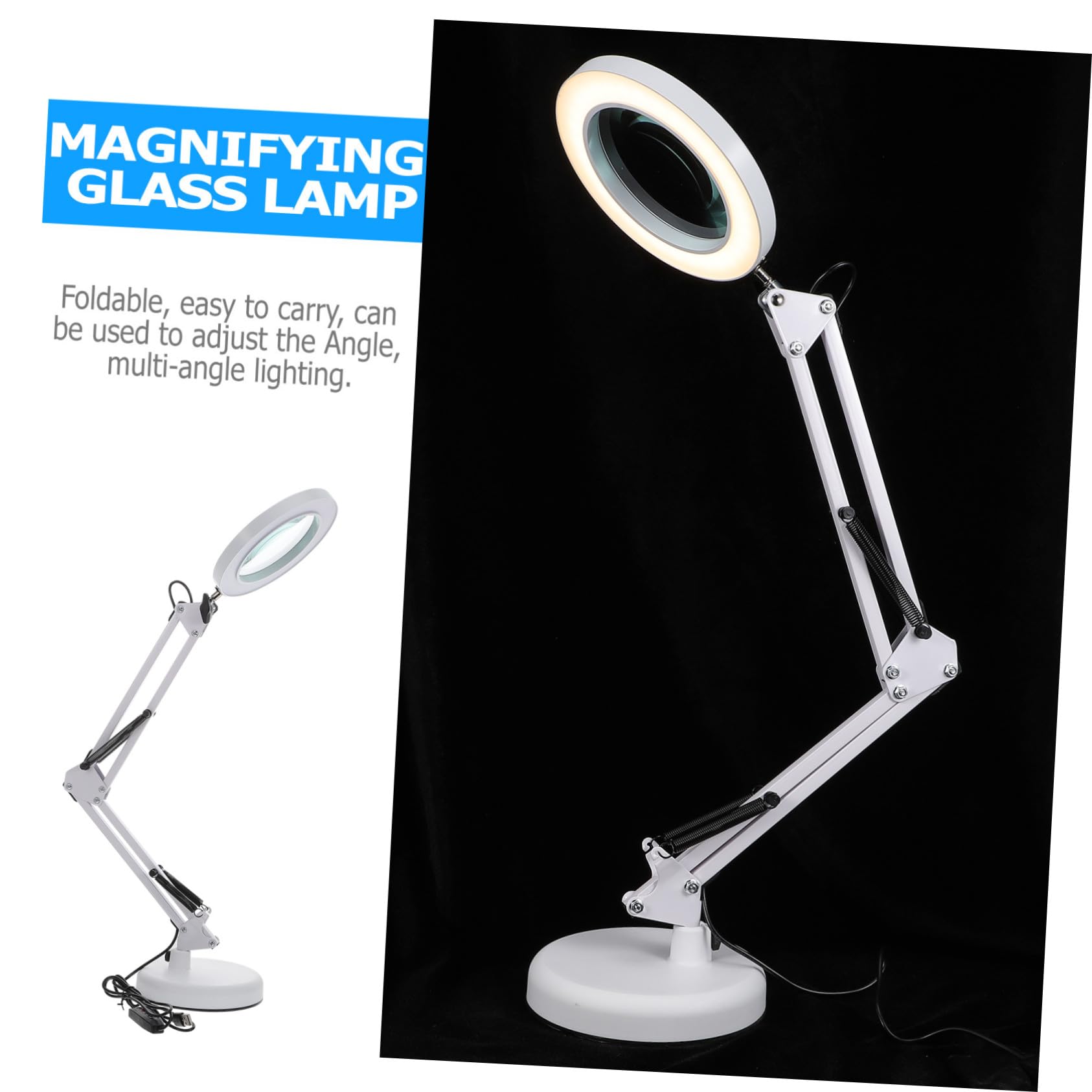 Lámpara de Aumento LED Plegable 5x Luz Clara y Base Ajustable, Luz Multifunción para Manicura, Belleza y Estudio, Lámpara de Lupa para Esteticistas, 1 Unidad