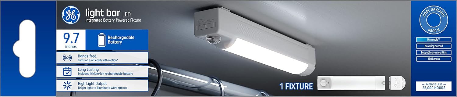 GE Lighting LED Light Bar, Hands-Free On/Off Motion Light, Rechargeable Battery-Powered Fixture, Daylight, 9.7 Inches