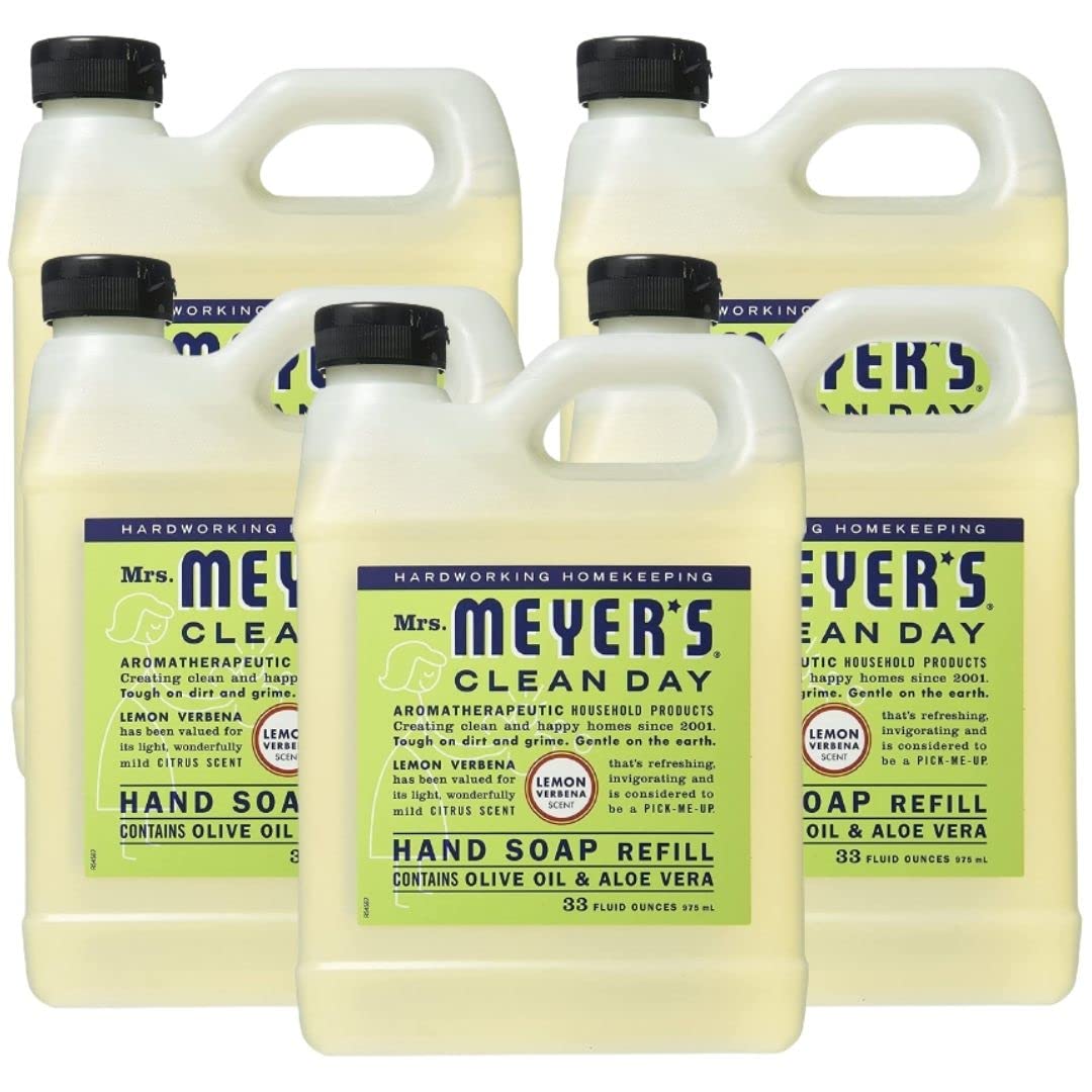 Hydrating Hand Soap Refill in Refreshing Lemon Verbena Scent for any Soap Dispenser for Bathroom & Kitchen Liquid Soap w/ Essential Oils for Hand Wash Products, 33 Fl OZ Per Bottle, 5 Bottles