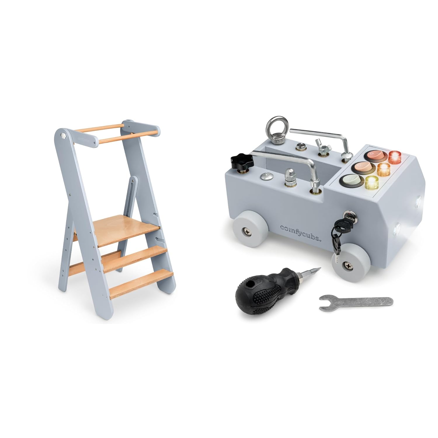 Kids Step Stool and Busy Board Toy Truck Set Bundled by Comfy Cubs