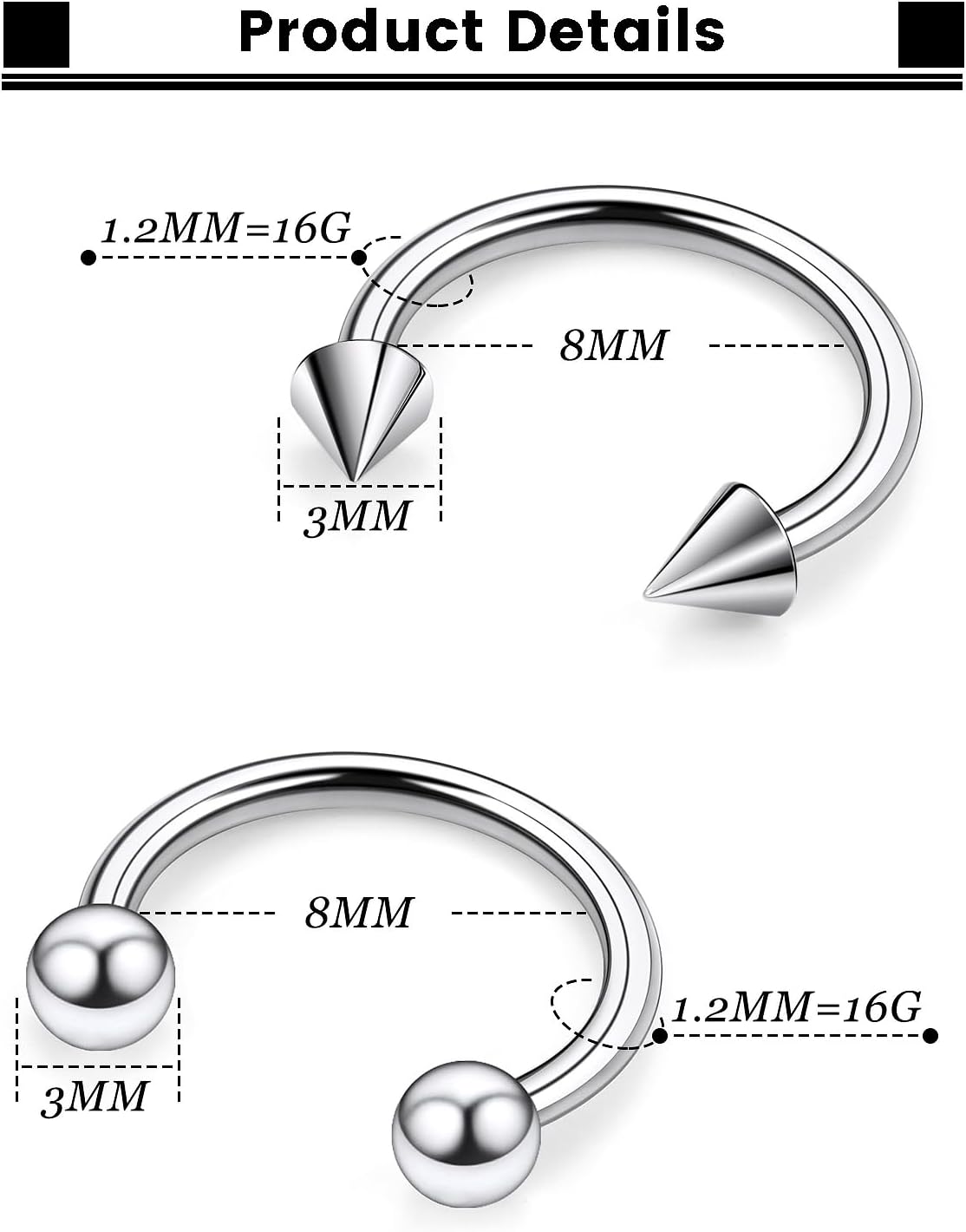 F136 Titanium 20/18/16/14/12/8/4/2g Septum Nose Rings Gauge Earrings Lip Rings Prince Albert Jewelry Internally Threaded Horseshoe Hoop Piercings - Image 3