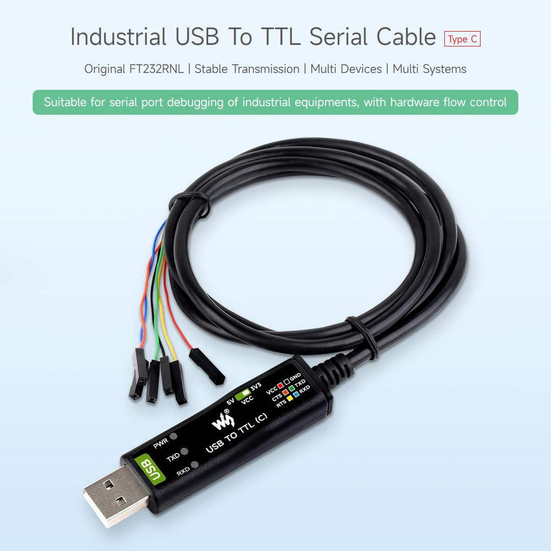 Waveshare Industrial USB TO TTL (C) 6pin Serial Cable, FT232RNL Chip, Multi Protection Circuits, for Win7/8/10/11/Mac/Linux, Hardware Flow Control, for Serial Port Debugging of Industrial Equipments