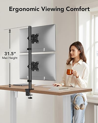 Miniatura 5 de HUANUO Soporte vertical para monitor doble, soporte de monitor apilado para 2 monitores con ajuste de altura, brazo de monitor de computadora