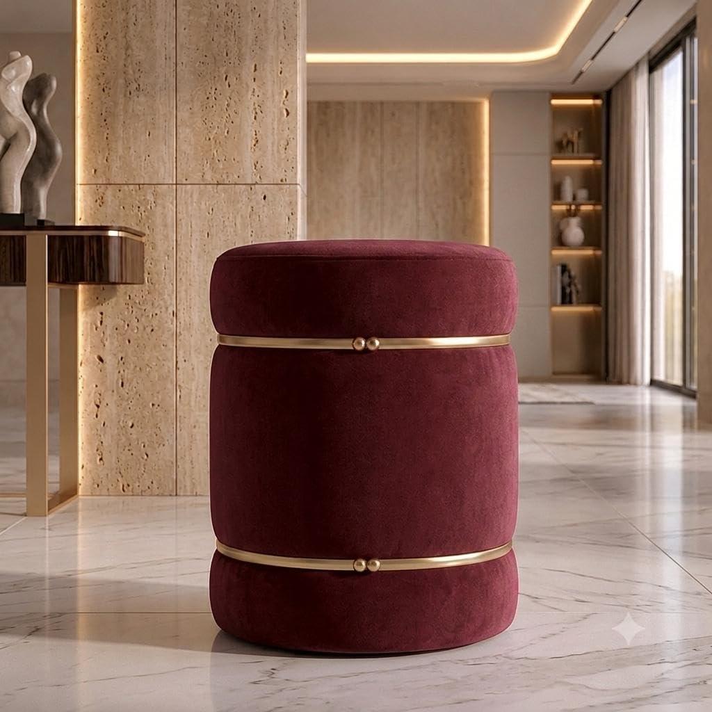 Royal luxury Round Maroon Velvet Ottoman Stool with Gold Bands, 38cmx33cm | Footrest & Extra Seating, Vanity Stool Use, Gold Accent Bands, Side Table Function, Living Room Decor-image-1
