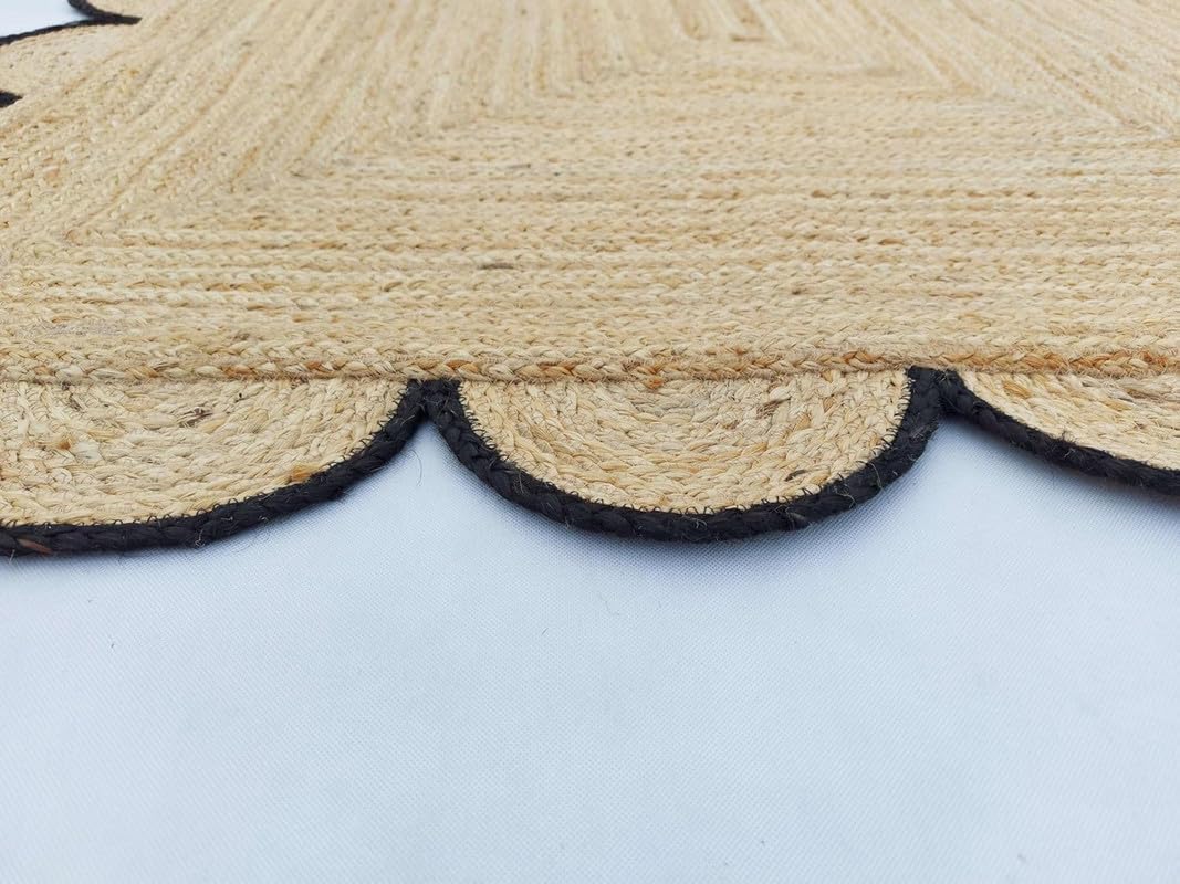 Tapis festonné en jute festonné de qualité supérieure avec bordure noire, style bohème festonné à la main pour salon, chambre à coucher, entrée, décoration d'intérieur bohème