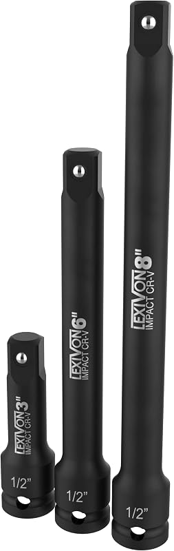 LEXIVON Impact Driver Extension Bar Set, 1/2" Drive | 3-Piece 3" 6" & 8" Long, Organized In A Tray | Hardened and Heat Treated Chrome Vanadium Steel (LX-115)