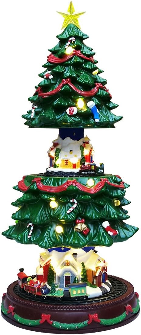 19" christmas tree village house - animated tabletop display with moving train, up & down christmas tree, led lights, and holiday music - adapter included christmas decor for home gift 25-treeshape