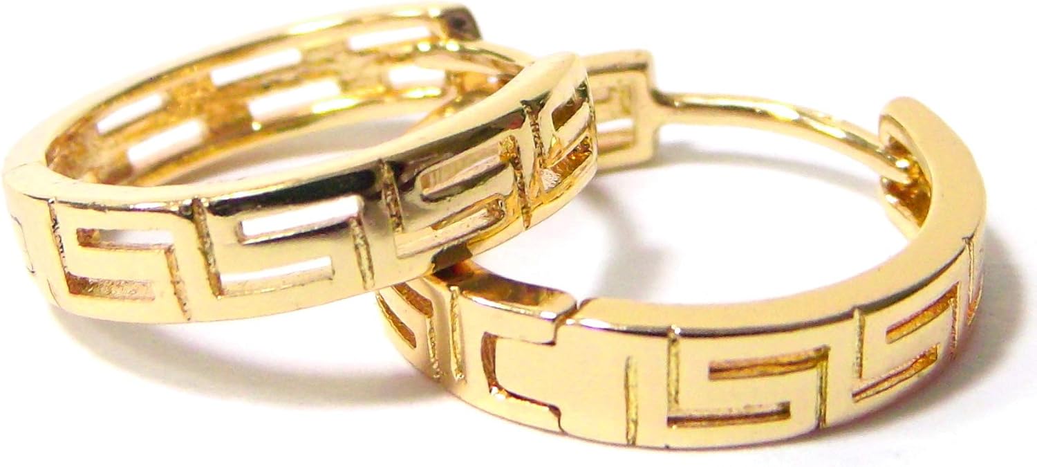 0.75 Inch Greek Key Yellow Gold Filled Plated Hoop Earrings - Image 2