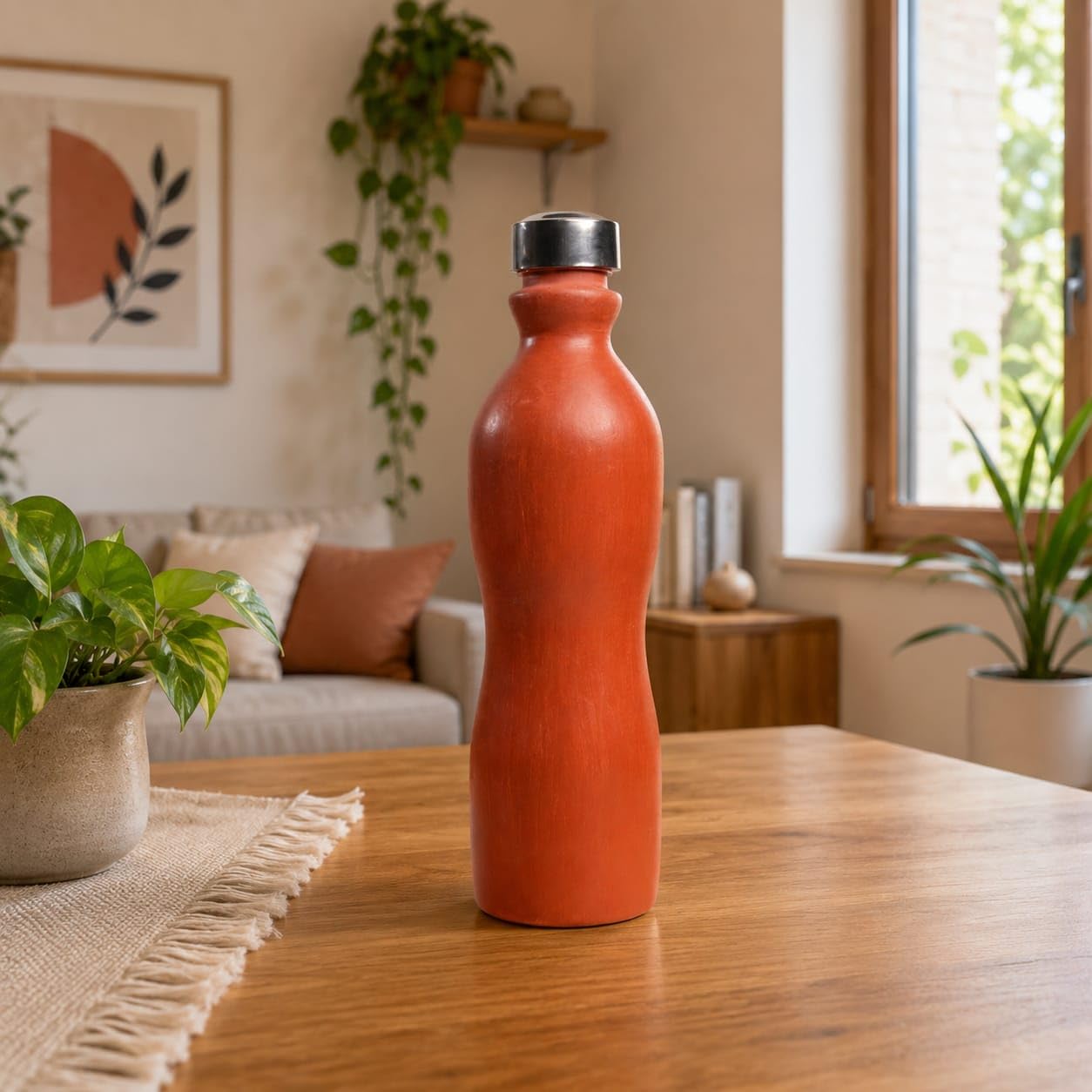 ARCADIAN TERRACOTTA -CLAY Water Bottle 1litre/earthen pot for water/mitti bottle/matka pot/handmade water bottle/(Round BOTTLE)