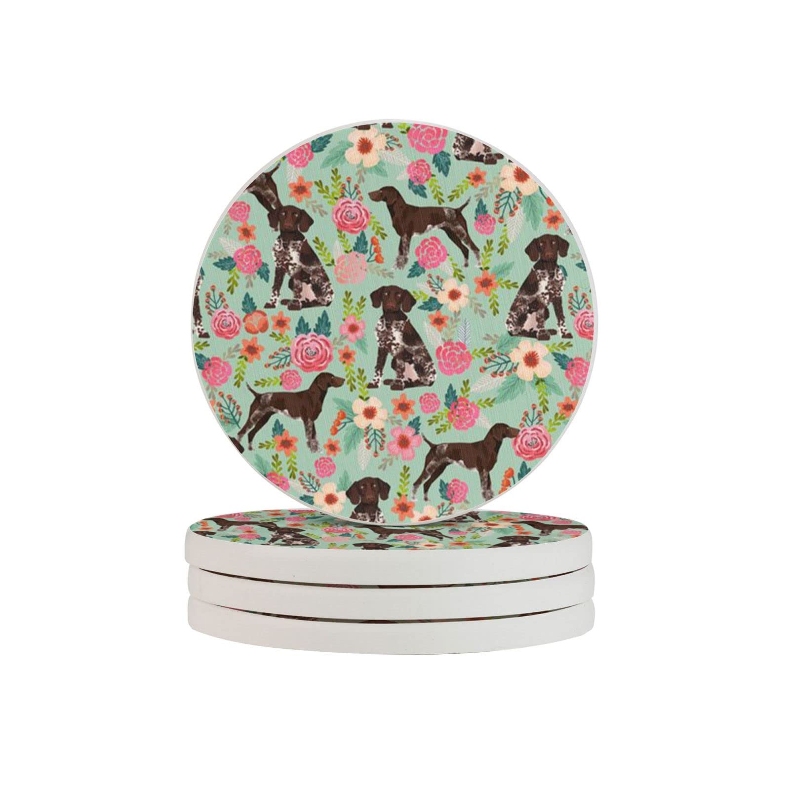 German Shorthaired Pointer and Floral Beautiful Four Pieces Coaster Heat-Resistant Reusable Saucers for Drinks Wine Glasses Plants Cups Mugs