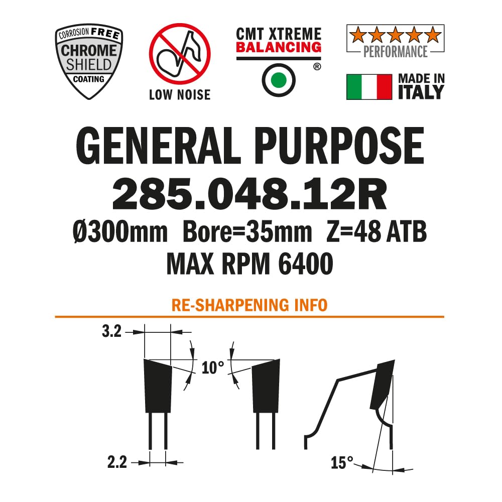 CMT Orange Tools 285.048.12R - Sierra Circular y Favor y Contra Vena HW 300x3.2/2.2x35 Z48 10ATB